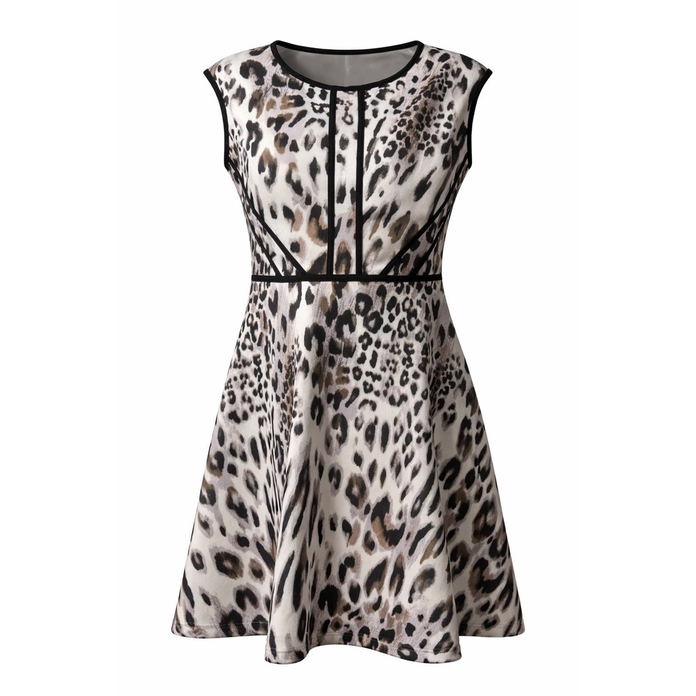 Sandra Darren Womens Leopard Print Fit &‎ Flare Dress Petite 10P Black Tan White - Picture 2 of 9